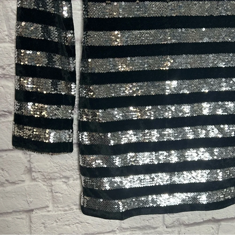RtA Silver Sequin and Black Velvet Striped Lomg Sleeve Bodycon Mini Dress